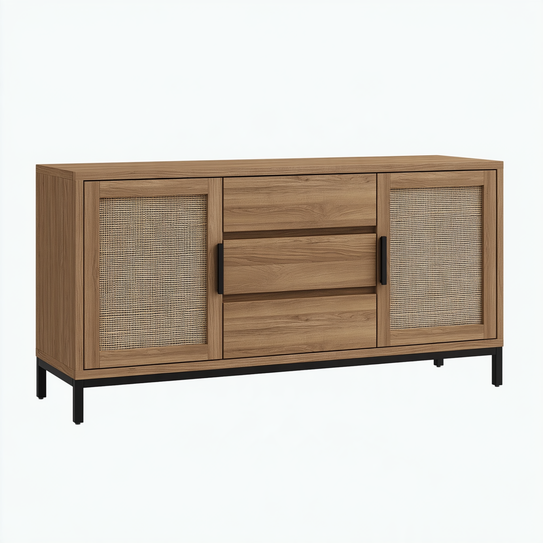Buffet 140 cm bois brun cannage rangement style contemporain