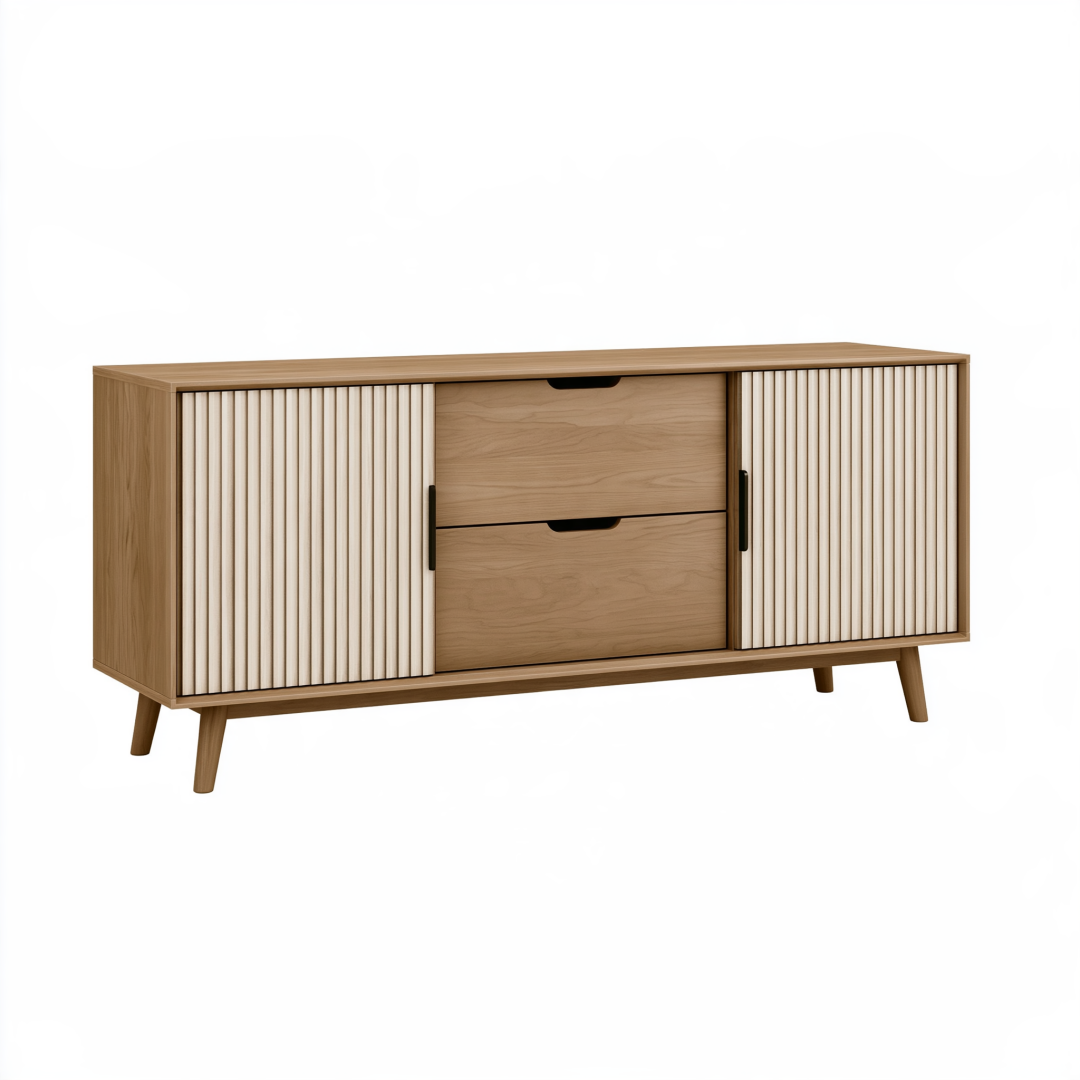 Buffet 180 x 40 x 80 cm en bois marron et blanc à portes coulissantes style scandinave