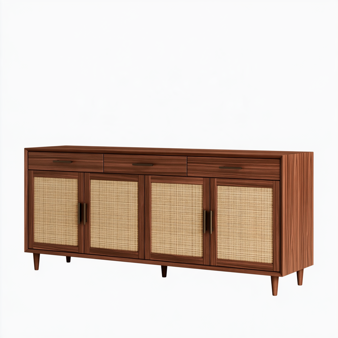 Buffet 180 x 40 x 85 cm en bois marron avec cannage naturel style rétro