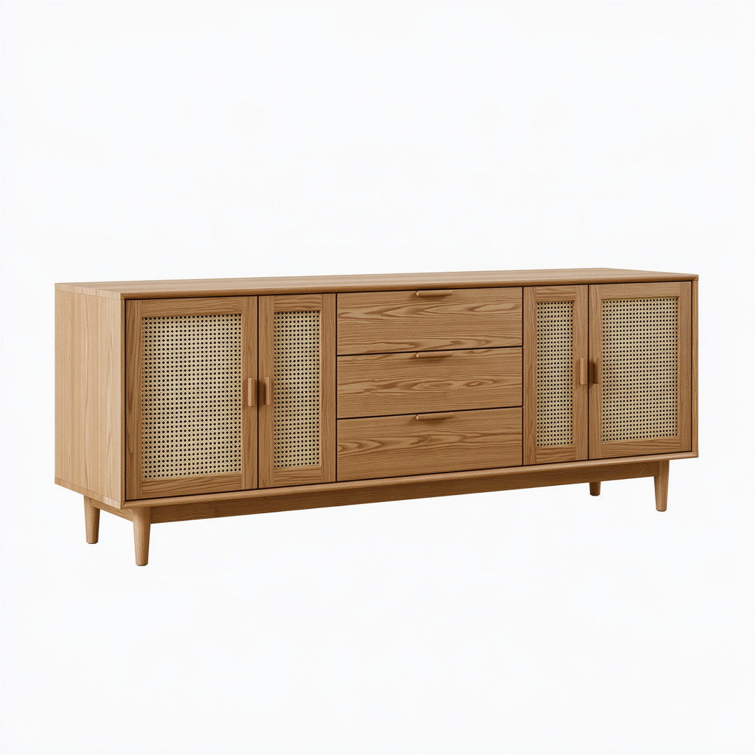 Buffet 180 x 45 x 85 cm en bois brun naturel avec cannage - rangement contemporain