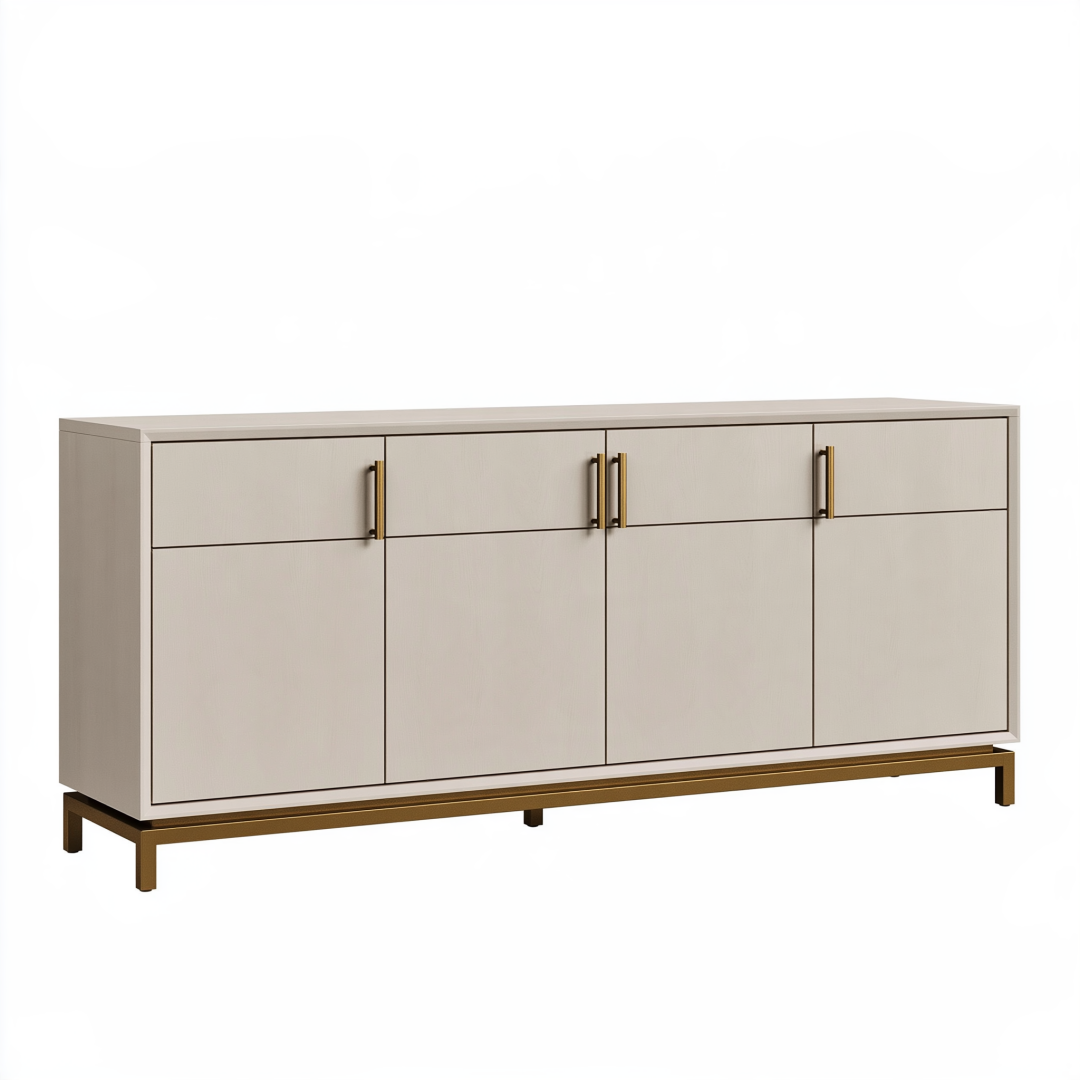 Buffet 180 x 40 x 90 cm en panneaux de bois beige et métal doré - 4 portes rangement contemporain