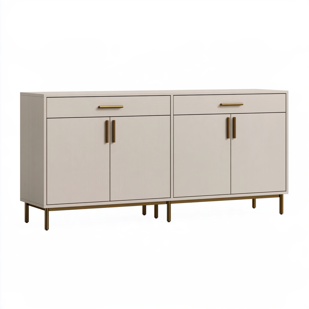 Buffet 180 x 40 x 85 cm en panneaux de bois beige et doré style contemporain rangement