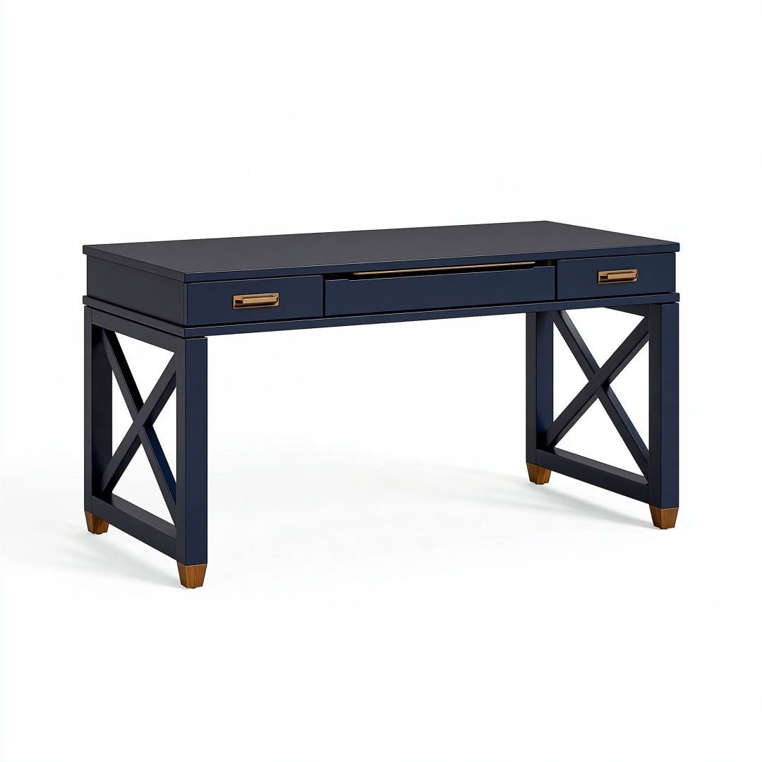 Bureau 120 x 60 x 75 cm en bois bleu marine avec 3 tiroirs style classique