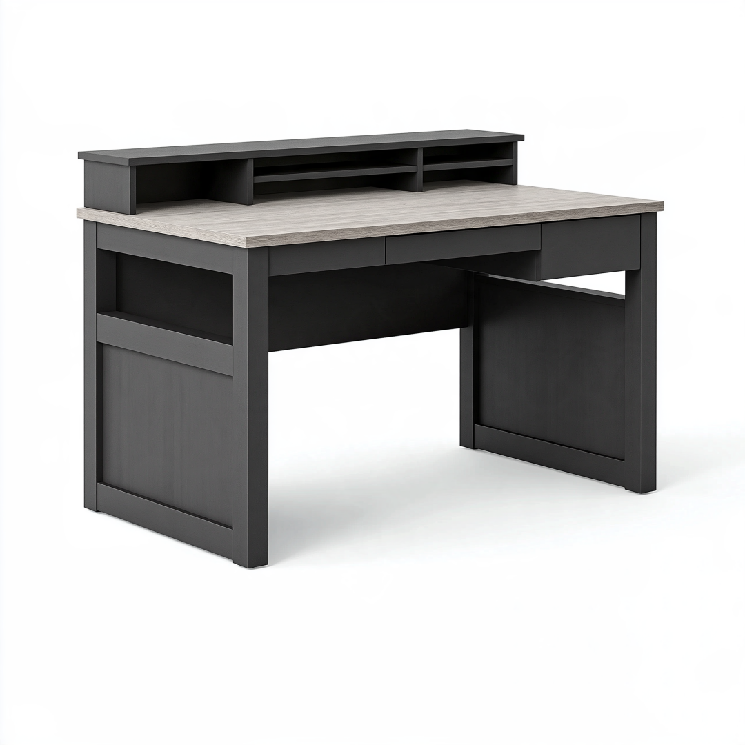 Bureau informatique 120 x 60 x 90 cm en bois d ingénierie noir et gris chêne avec tiroirs et rangements style contemporain