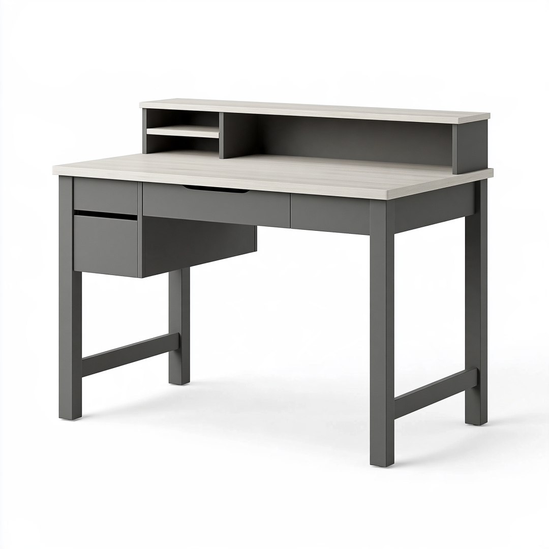 Bureau 120 x 60 x 95 cm en bois d'ingénierie gris et chêne clair avec tiroirs et étagères contemporain